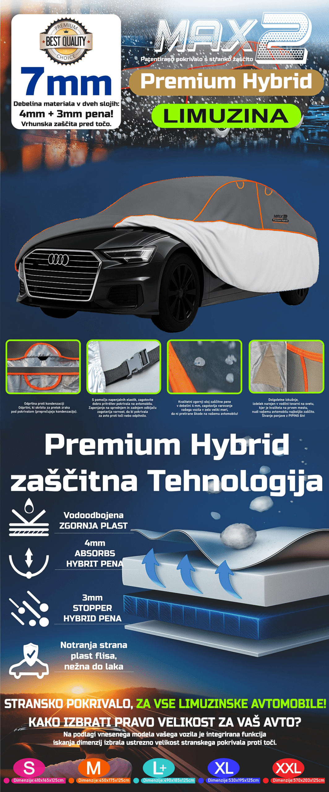 Avtopokrivalo MAX 2 Premium Hybrid za limuzino z 7 mm zaščito pred točo